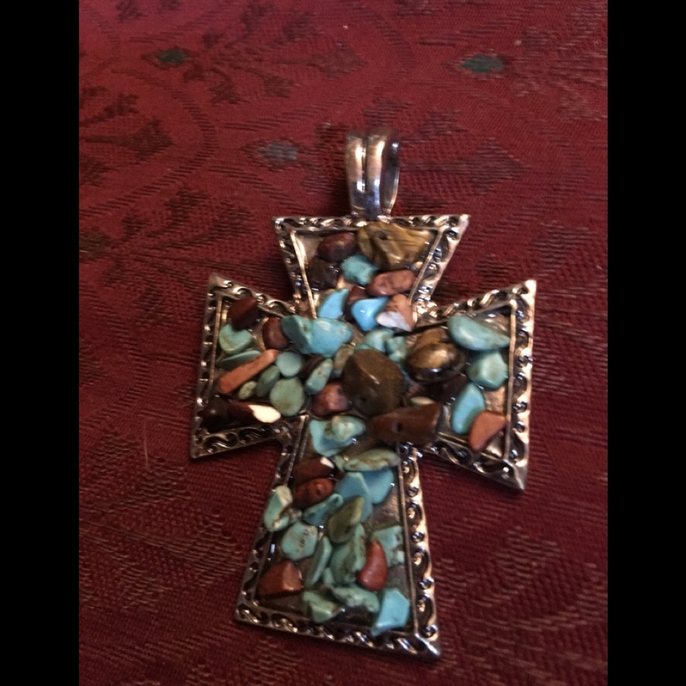 Silver tone and turquoise cross pendant